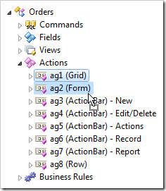 Dropping an action group onto another action group in the Project Explorer.