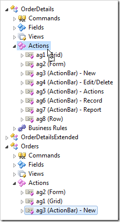 Dropping an action group onto the actions node of another controller in the Project Explorer.