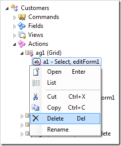 Delete context menu option in the Project Explorer for actions.