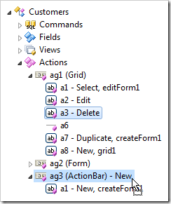 Action dropped in another action group in the Project Explorer.