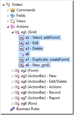 Actions highlighted in the Project Explorer of Code On Time web application designer.