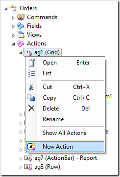 New Action context menu option on an action group.