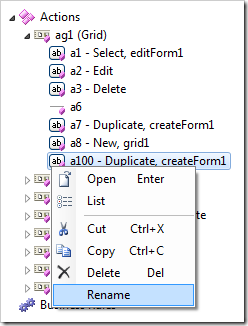 Rename context menu option for actions in the Project Explorer.