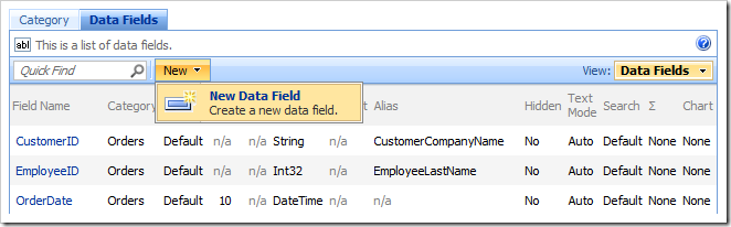 New Data Field action bar option in the Project Browser.
