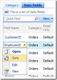 Sync context menu option for a Data Field in the Project Browser.