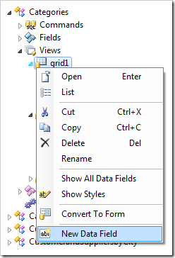 New Data Field context menu option on a grid view in the Project Explorer.