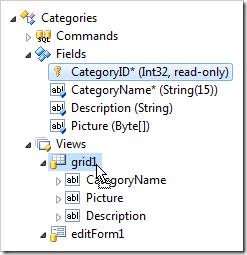 Dropping a field node onto a view node in the Project Explorer.