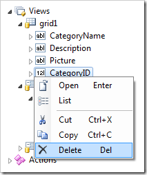 Delete context menu option for a data field in the Project Explorer.