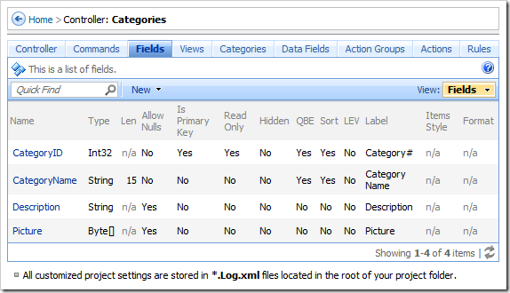 Fields tab on a controller page displays the fields of a controller.