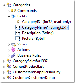 CategoryName field node synchronized in the Project Explorer.