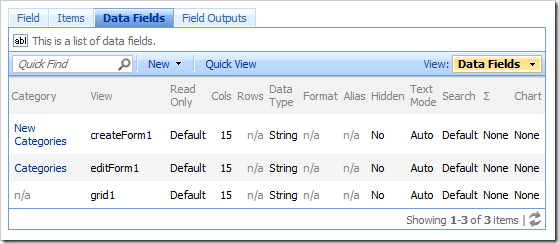 Data fields for a field are accessible via the Data Fields tab on the Field page.