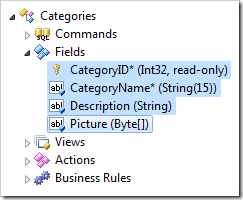 Fields under the Fields node of a controller in the Project Explorer.