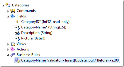Validator for CategoryName field automatically created in the Project Explorer.
