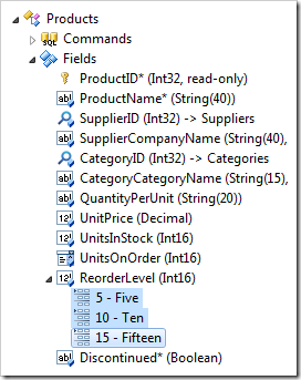 Items under ReorderLevel field highlighted in the Project Explorer of Code On Time web application designer.