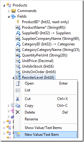 New Value/Text Item context menu option for a field node in the Project Explorer.