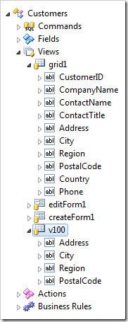 View 'grid1' from Employees controller has been copied in Customers controller and incompatible data fields have been removed.