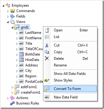 Convert To Form context menu option for a grid view that has no categories.