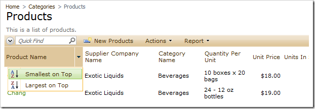 Product Name column with filtering options disabled.