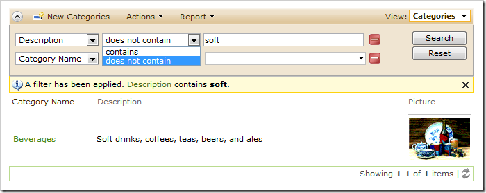 Description field filter options in the advanced search bar are limited to 'contains' and 'does not contain'.