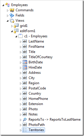 Territories data field in 'editForm1' view of Employees controller.