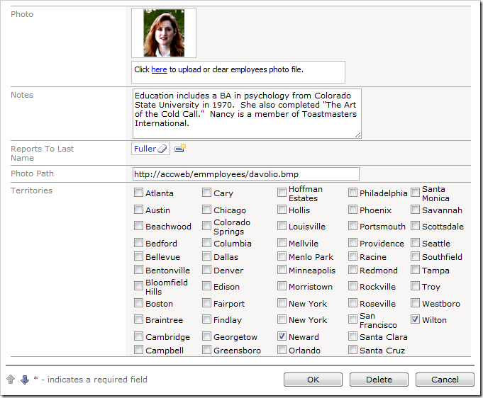 Territories Check Box List on the Employees form rendered in 5 columns