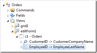 EmployeeID data field node of 'editForm1' view in Orders controller.