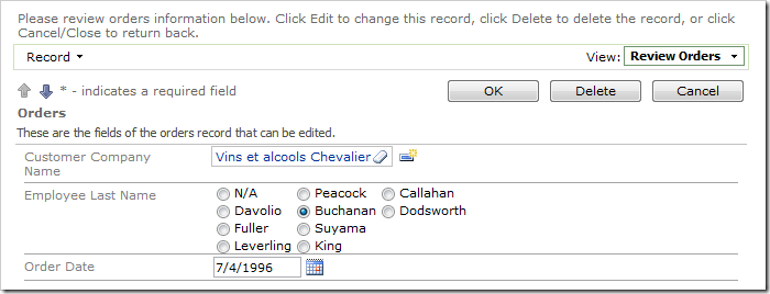 Employee Last Name lookup field configured as a three column radio button list.