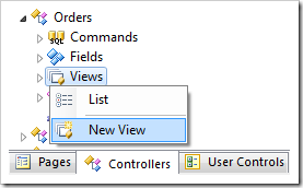New View context menu option for Views node of the Orders controller in the Project Explorer.