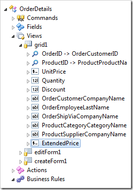 Data field 'ExtendedPrice' created in view 'grid1'.