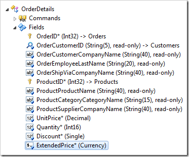ExtendedPrice field node of OrderDetails controller in the Project Explorer.