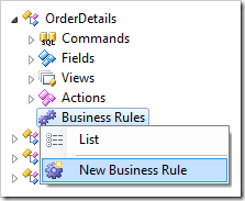 New Business Rule context menu option for OrderDetails controller in the Project Explorer.