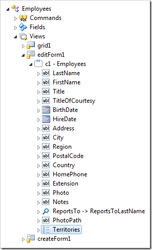 Territories data field node in editForm1 view of Employees controller.