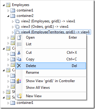 Delete context menu option for 'view4' on Employees page.