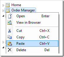 Paste context menu option on the Order Manager page node in the Project Explorer.