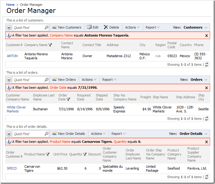 Order Manager page with three unconnected data views. Filters have been applied to reduce the size of the image.