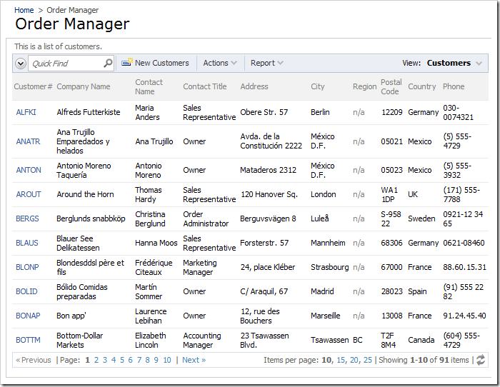 Order Manager page with only the list of customers displayed.
