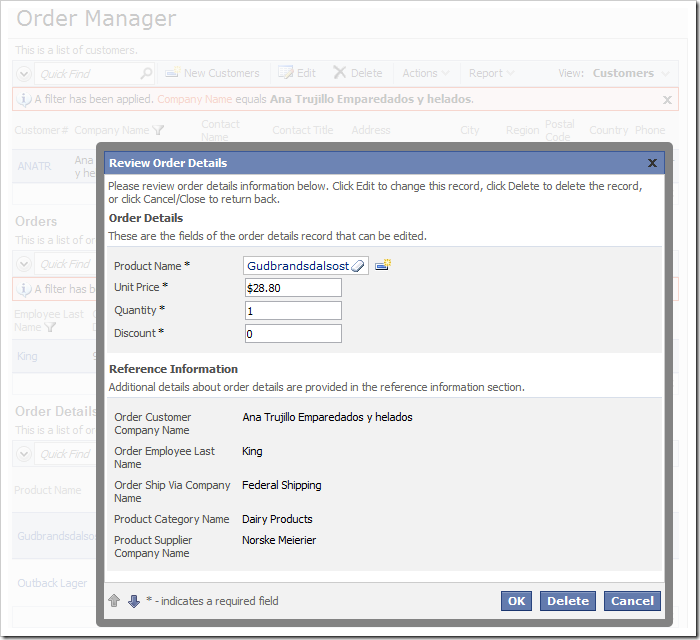 Opening an Order Detail record will display fields in a modal form.