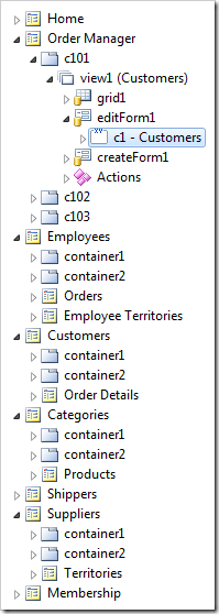 Category 'c1' of Customers 'editForm1' view on the Order Manager page in the Project Explorer.