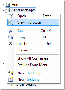 Context menu option 'View in Browser' for Order Manager page node in the Project Explorer.