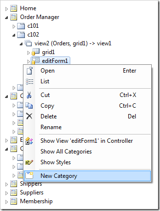 New Category context menu option on editForm1 view of Orders controller.