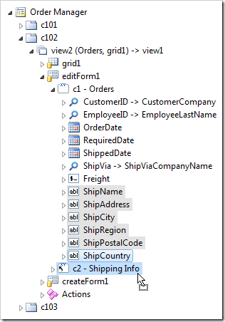 All shipping fields selected and dragged onto 'c2' category.