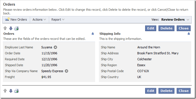 Orders form with data fields split in two columns.