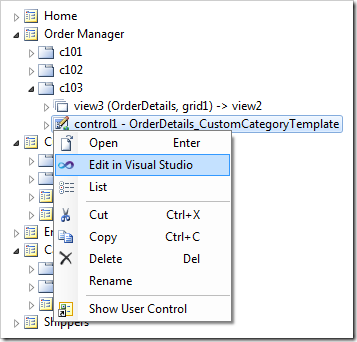 Edit in Visual Studio context menu option for 'contol1' will open the user control in Visual Studio.