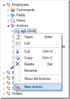 New Action context menu option for action group 'ag1' in the Project Explorer.