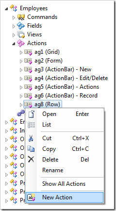 New Action context menu option on action group node 'ag8'.