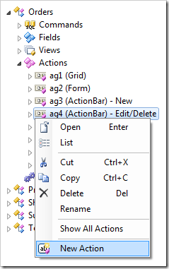 New Action context menu option for action group 'ag4' of Orders controller.