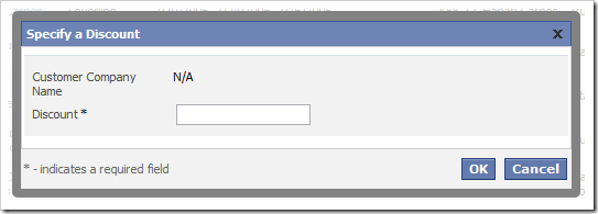 ApplyDiscount confirmation modal window with empty values in fields 'Customer Company Name' and 'Discount'.