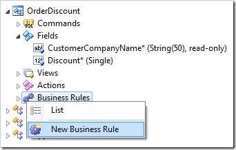 New Business Rule context menu option for OrderDiscount confirmation controller.