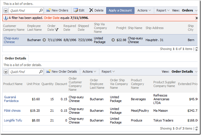 Selecting an order from the list will reveal a list of order details related to the order.