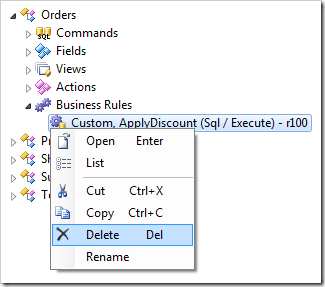Delete context menu option for the previously created SQL business rule.